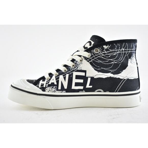 Chanel 20P Black White Fabric CC Logo Flat High Top Runner Trainer Sneaker 37 - Picture 7 of 10
